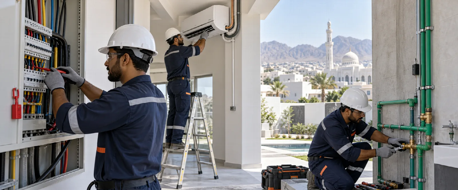 Illustrative electrical wiring, split AC installation and plumbing pipe-fitting services for Oman buildings.